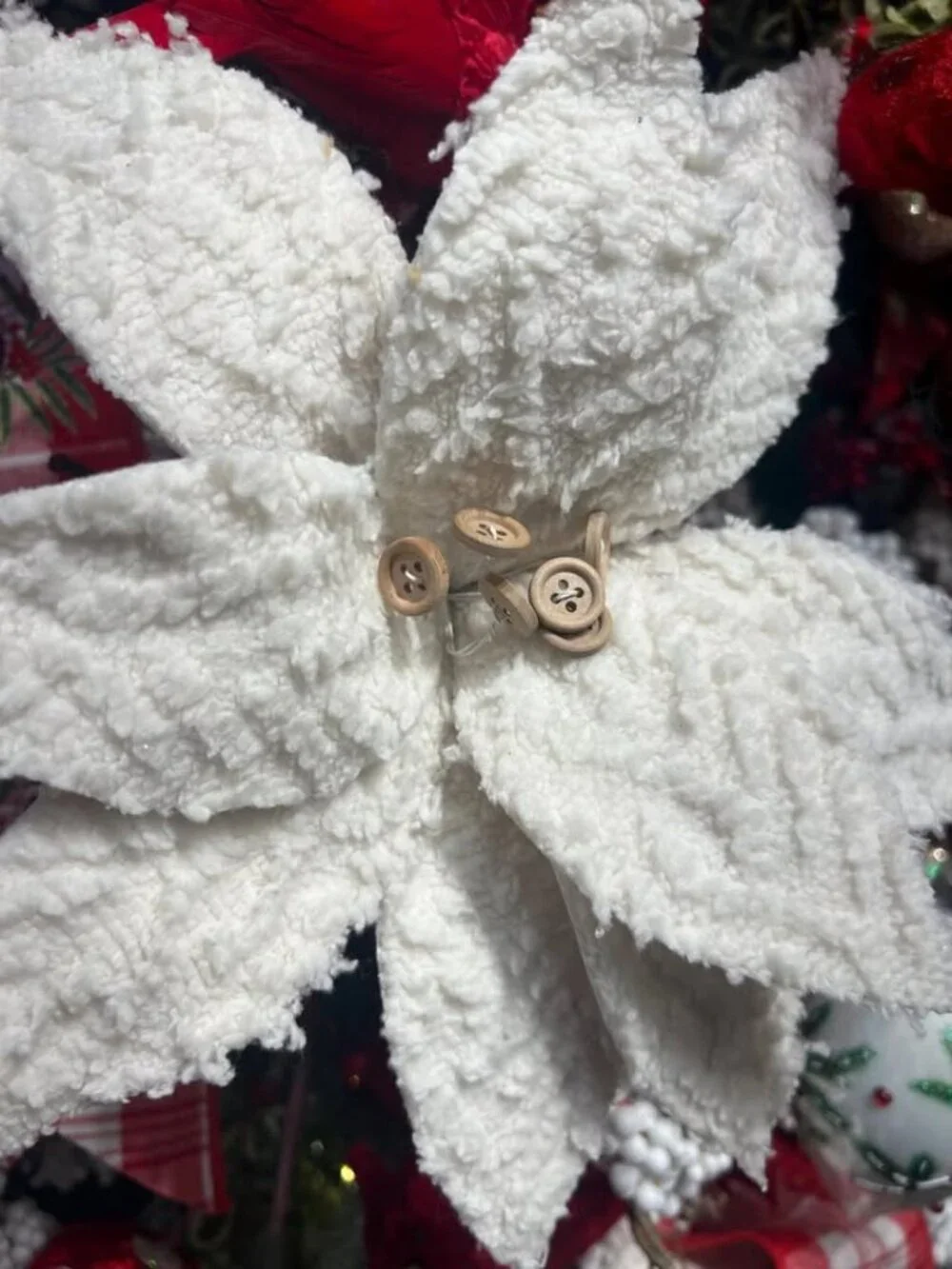 22 inch Winter Chalet White Poinsettia with Buttons Christmas Tree Accent Decor